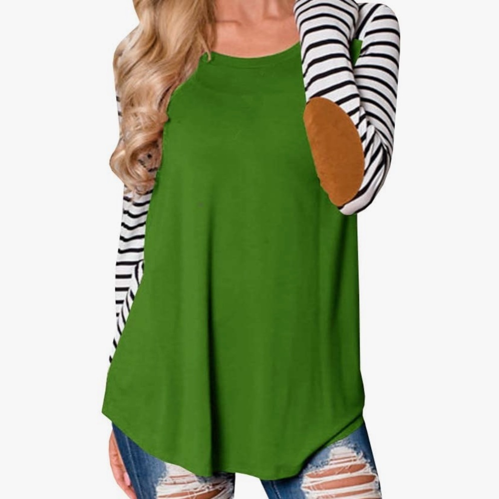 Womens Striped Raglan Shirt Elbow Patchwork Long Sleeve Casual Tunic Tops Green